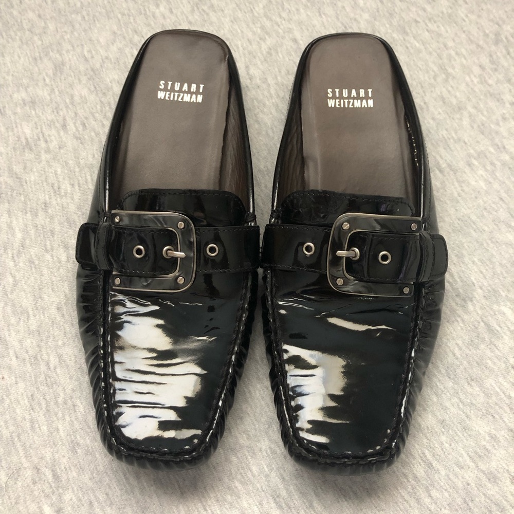 Stuart Weitzman Black Embossed Patent Leather Slide Mules Size: US 7.5